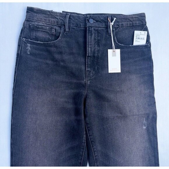 Good American Good Boy Straight Leg Jeans Black Distressed Knee Size 2 - Picture 15 of 16